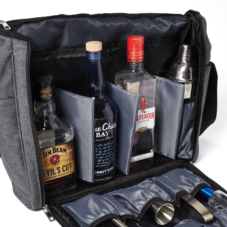 VADCAD Travel Bar Gray & Black, Water Resistant, Bartending Supplies, Pockets for a Cocktail Kit (Bag Only), 16H X 13W X 5D
